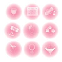 menstruación y femenino higiene icono colocar. mensual menstrual ciclo, línea y transparente vaso diseño. lineal símbolos con hembra cuerpo cuidado productos iconos, botones,emblemas,colección.vector vector