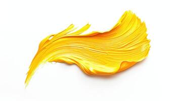 AI generated A petal-shaped brush stroke in soft yellow, resembling a chamomile petal. Yellow petal on a white background. photo