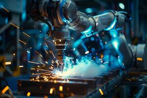 AI generated A robotic arm performs precise welding, with sparks flying around it, in a car factory workshop. photo