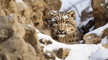 ai generado rocoso terreno con camuflado nieve leopardo en naturaleza foto