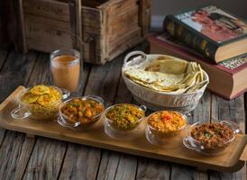 Assorted break fast set balalet or balaleet, aloo nakhi,aloo karahi, tomato egg, foul medames, Shakshuka or shaksoka with bread and coffee in dish isolated on board side view of breakfast photo