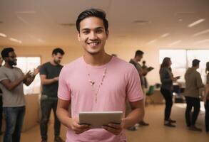 AI Generated Man in pink shirt with digital tablet at networking event. Sociable and tech-oriented professional scene. photo