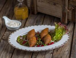 kebbah servido en un plato aislado en de madera antecedentes lado ver de aperitivo foto