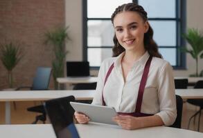 AI Generated Young professional woman standing in office, confident smile. Poised and business-ready appearance. photo