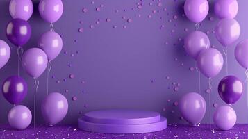 AI generated Background for banner with balloons and podium. Space for text, purple hues, premium, luxury, mimimal. Contemporary podium stage for e-comerse. Generated by artificial intelligence. photo