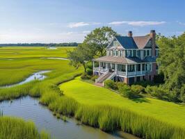 AI generated A Cape Cod-style manor house perched on the edge of a tranquil salt marsh photo