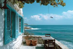 ai generado un encantador playa café anidado a lo largo el azur línea costera foto