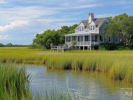 AI generated A Cape Cod-style manor house perched on the edge of a tranquil salt marsh photo