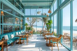 ai generado un acogedor pequeño restaurante encaramado en el borde de el playa foto