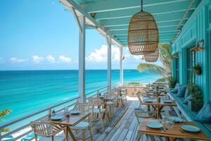 ai generado un acogedor pequeño restaurante encaramado en el borde de el playa foto