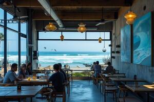 AI generated A sunlit cafe nestled along the sandy shores of the coast photo