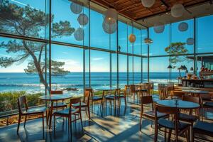 AI generated A trendy seaside cafe with sleek modern decor photo