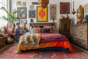 AI generated An eclectic-style bedroom, showcasing a mix of vintage and modern furniture photo