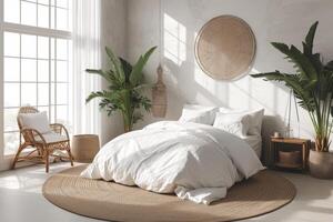 AI generated A minimalist-inspired bedroom, characterized by clean lines photo