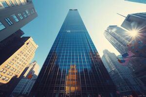 ai generado un luz escena desde un de peatones perspectiva, mirando arriba a un imponente oficina edificio en contra el brillante azul cielo foto