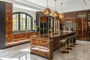 AI generated An Art Deco-inspired kitchen, featuring custom millwork, exotic woods photo