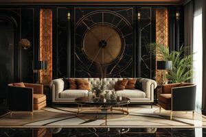 AI generated Art Deco-style living room, featuring geometric patterns photo