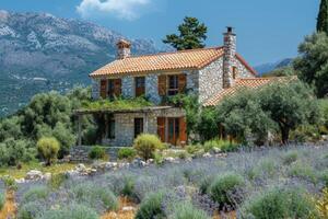 AI generated A Greek-style house nestled in the olive-strewn hills of Crete photo