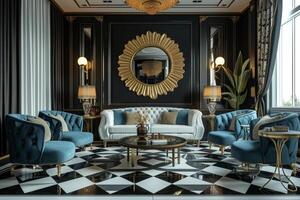 AI generated Art Deco-style living room, featuring geometric patterns photo