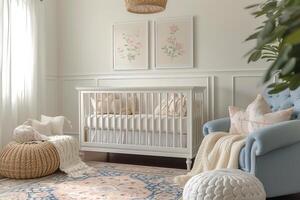 AI generated Art Deco-style nursery, featuring soft pastel colors, playful patterns photo