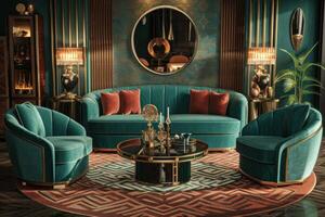 AI generated Art Deco-style living room, featuring streamlined furniture, geometric shapes photo