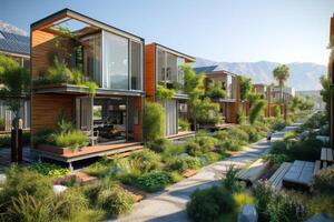 AI generated A modular eco-housing community composed of sustainable houses photo