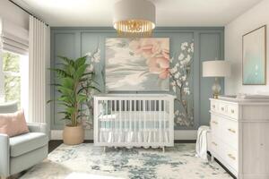 AI generated Art Deco-style nursery, featuring soft pastel colors, playful patterns photo