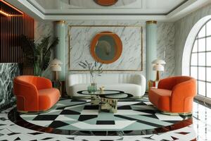 AI generated Art Deco-style sitting room, complete with curved sofas, geometric rugs photo