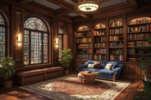 AI generated Art Deco-style reading room, featuring built-in bookcases, a cozy reading nook photo