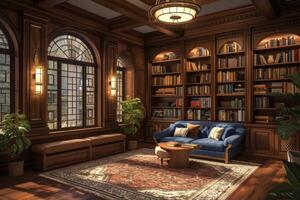 AI generated Art Deco-style reading room, featuring built-in bookcases, a cozy reading nook photo