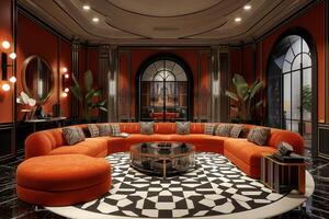 AI generated Art Deco-style sitting room, complete with curved sofas, geometric rugs photo