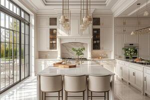 AI generated An elegant kitchen with luxury touches, featuring marble-topped islands photo