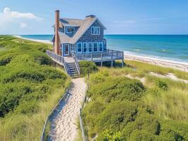 AI generated A Cape Cod-style house nestled on the shores of a tranquil lake photo