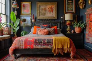 AI generated An eclectic-style bedroom, showcasing a mix of vintage and modern furniture photo