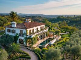 AI generated A Mediterranean estate surrounded by ancient olive groves, with rows of silver-green trees, terraced gardens, and a distant view of the sea photo