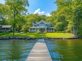 AI generated A Cape Cod-style house nestled on the shores of a tranquil lake photo