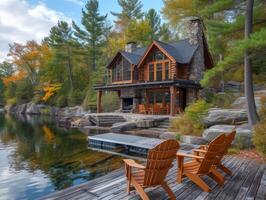 ai generado un estilo artesano cabina anidado en el costas de un tranquilo lago foto