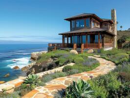 AI generated A Craftsman-style house perched on a cliff overlooking the Pacific Ocean photo