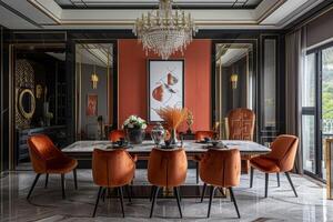 AI generated Art Deco dining room featuring a rectangular marble-topped table photo