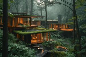 AI generated A sustainable eco-retreat center nestled in a remote forest setting photo