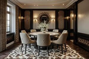 AI generated Art Deco-inspired dining room with a round marble-topped table photo