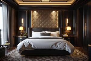 AI generated Art Deco-style boutique hotel bedroom photo