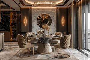 AI generated Art Deco-inspired dining room with a round marble-topped table photo