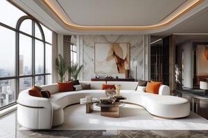 AI generated Art Deco-style penthouse living room, characterized by sweeping city views photo