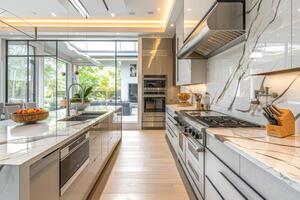 AI generated A luxury kitchen, characterized by sleek marble backsplashes photo