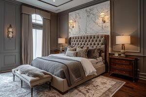 AI generated A luxury bedroom suite, complete with marble-clad walls, hardwood flooring photo