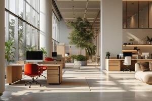 ai generado un de inspiración minimalista oficina interior, presentando minimalista estaciones de trabajo foto