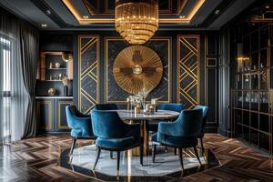 AI generated Art Deco-inspired dining room with a marble-topped table photo