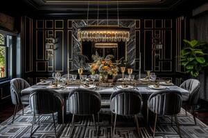 AI generated Art Deco-inspired dining room with a marble-topped table photo