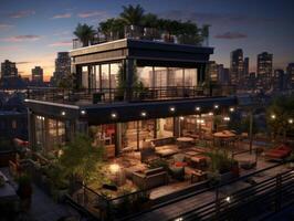 AI generated A modern loft-style house with industrial-chic elements stands amidst a bustling cityscape photo